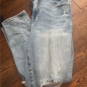 Blue Straight Leg Jeans with Distressed Details